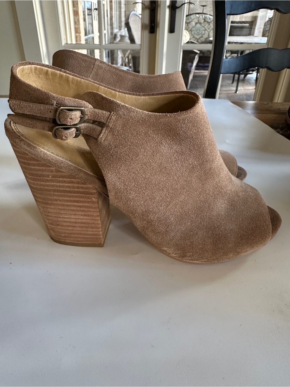 Splendid Women’s Kaylee Suede Peep-Toe Block Heel Slingback Booties- Tan Sz 9.5